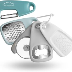 Kitchen Gadgets Set 5 Pieces Space Saving Kitchen Utensils Cheese Grater, Bottle Opener, Fruit/Vegetable Peeler, Pizza Cutter, Garlic/Ginger Grinder, Stainless Steel Accessories Dishwasher Safe(Blue)