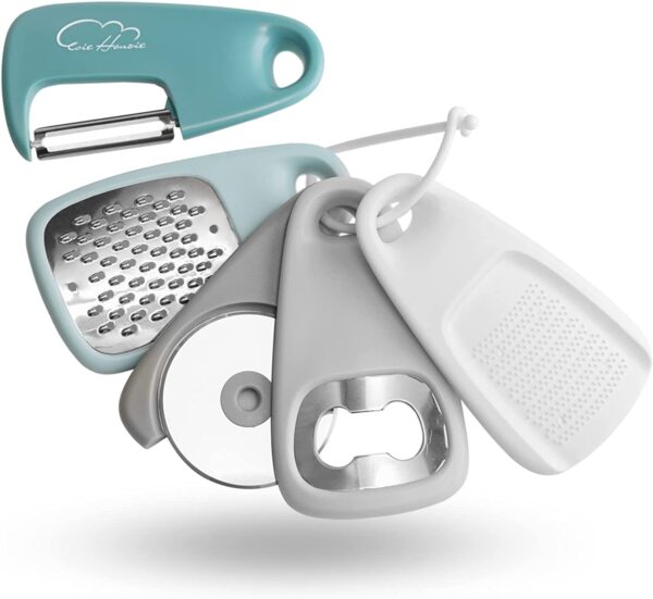 Kitchen Gadgets Set 5 Pieces Space Saving Kitchen Utensils Cheese Grater, Bottle Opener, Fruit/Vegetable Peeler, Pizza Cutter, Garlic/Ginger Grinder, Stainless Steel Accessories Dishwasher Safe(Blue)