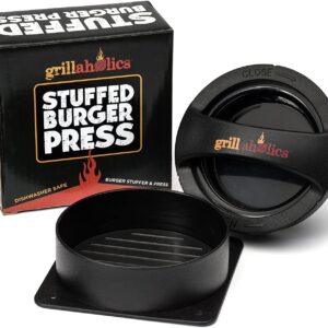 Grillaholics Stuffed Burger Press and Hamburger Maker - Non Stick Hamburger Patty Maker - Make Up to Half Pound Regular and Stuffed Burgers in Seconds