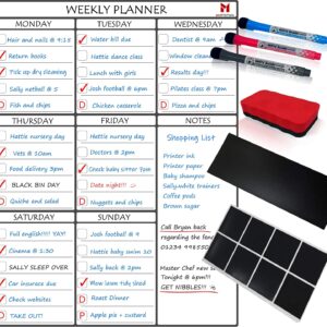 Magnetic Weekly Planner Whiteboard - Fridge, Wall or Cupboard Mounting System, Ideal for Activities, Reminders, Meals - Includes 8 Reusable Sticky Pads, Accessories Board, 3 Dry Wipe Markers & Eraser