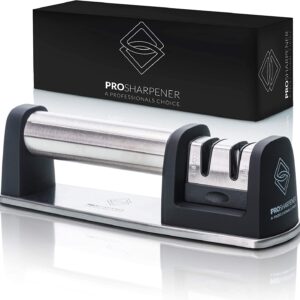 PRO Sharpener A Professionals Choice Manual Knife Sharpener 2 Stage Kitchen Accessory, Non-Slip Base, Stainless-Steel, Straight and Serrated Knives, Including Diamond Life-time Guarantee