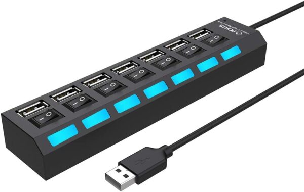 Multi Port USB Splitter, 7-Ports USB 2.0 Hub USB Data Adapter with On/Off Individual LEDs Switch Compatible for Macbook, Mac Pro/mini, iMac, Notebook PC, USB Flash Drives, and Mobile HDD