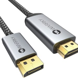 4K DisplayPort to HDMI Cable, Display Port to HDMI Port, WARRKY [1440P@60Hz, 1080p@120Hz] Nylon Braided No-Latch Uni-Direction DP to HDMI Lead, Compatible with Lenovo, Dell, HP,Asus and more-1.8m/6ft